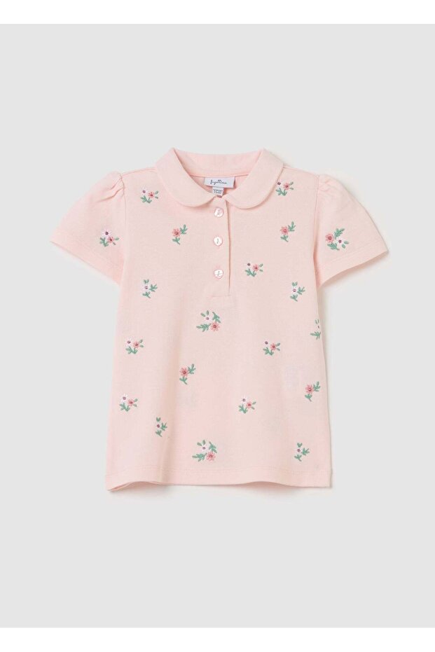 Piquet Polo Shirt With Flowers Print