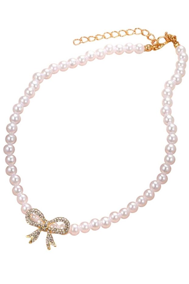 Pearl Necklace with Crystal Bow Pendant