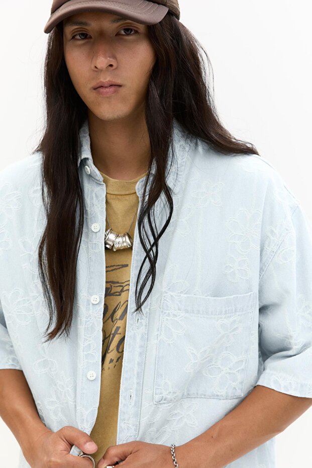 Çiçekli denim gömlek - 6