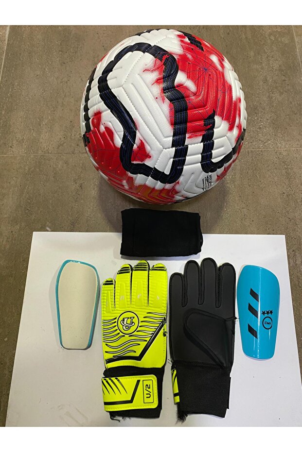 5 No Red Patterned Football Goalkeeper and Shin Pads Set of 3 with Pump Gift