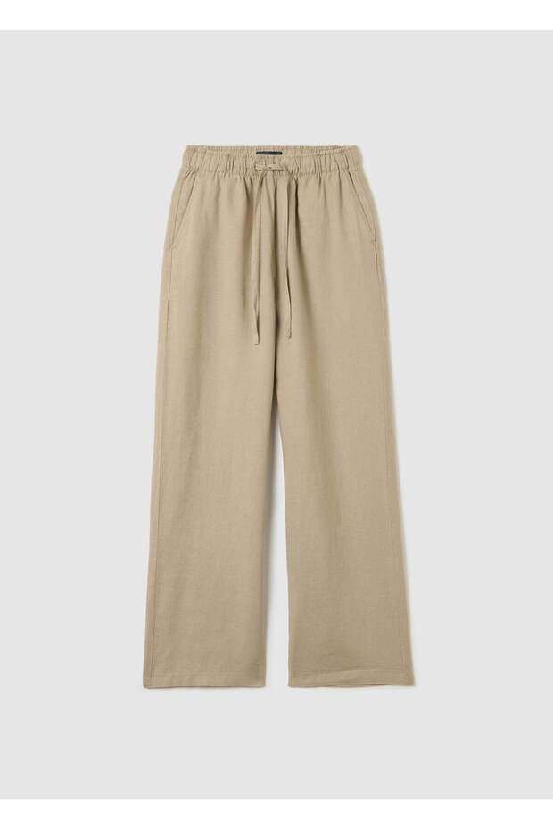 Beige Linen Trousers With Elasticated Waist