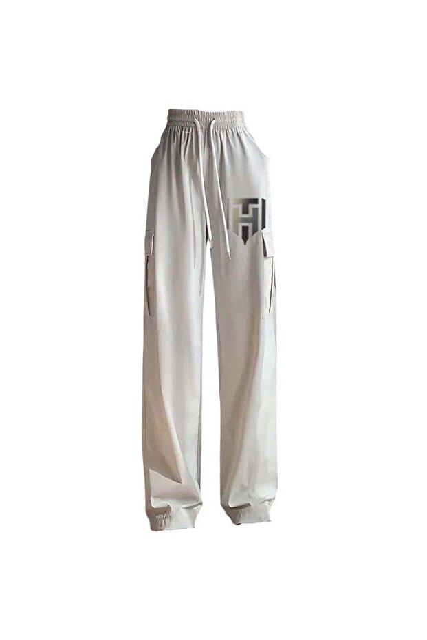 Women's Ice Silk Wide-Leg Pants High Waist, Loose Fit, Light Grey Size L