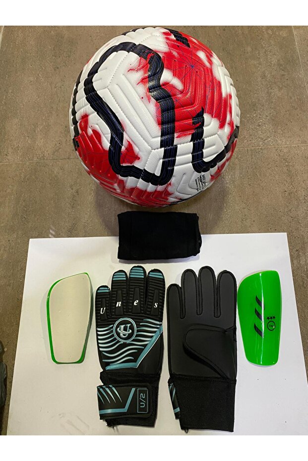 5 No Red Patterned Football Goalkeeper and Shin Pads Set of 3 with Pump Gift