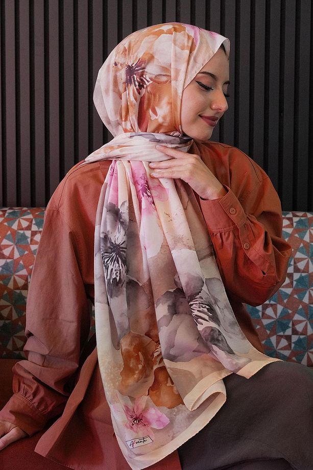 Manolya Çiçek Desen Sarı Soft Pamuk Şal - 4