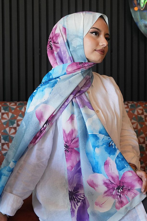 Manolya Çiçek Desen Mavi Soft Pamuk Şal - 4