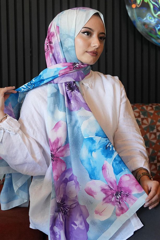 Manolya Çiçek Desen Mavi Soft Pamuk Şal - 3