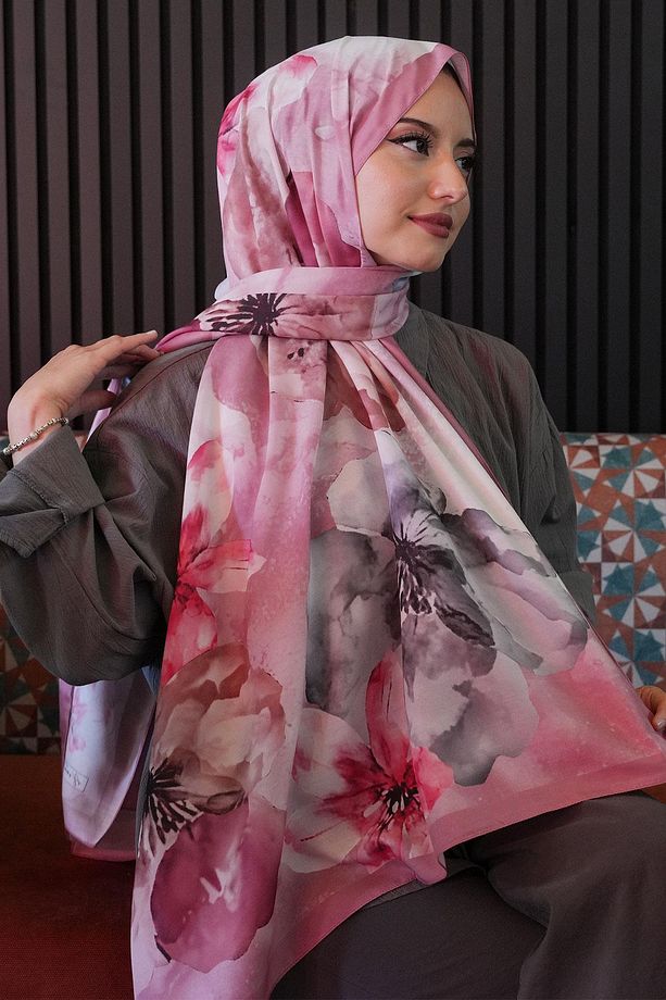 Manolya Çiçek Desen Gül Kurusu Soft Pamuk Şal - 1
