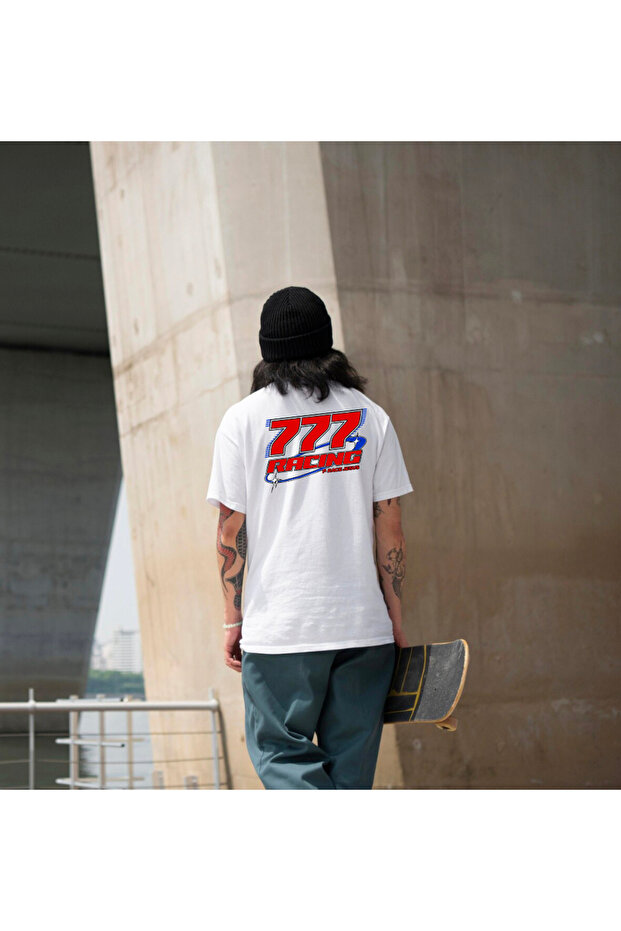 777 Energy with a Back Print Custom Design Printed 100% Cotton Crew Neck Black-White T-Shirt