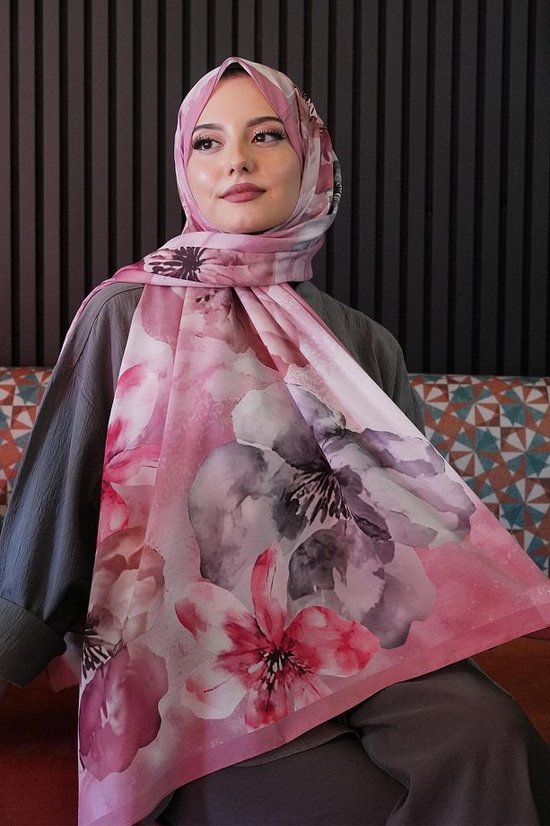 Manolya Çiçek Desen Gül Kurusu Soft Pamuk Şal - 3