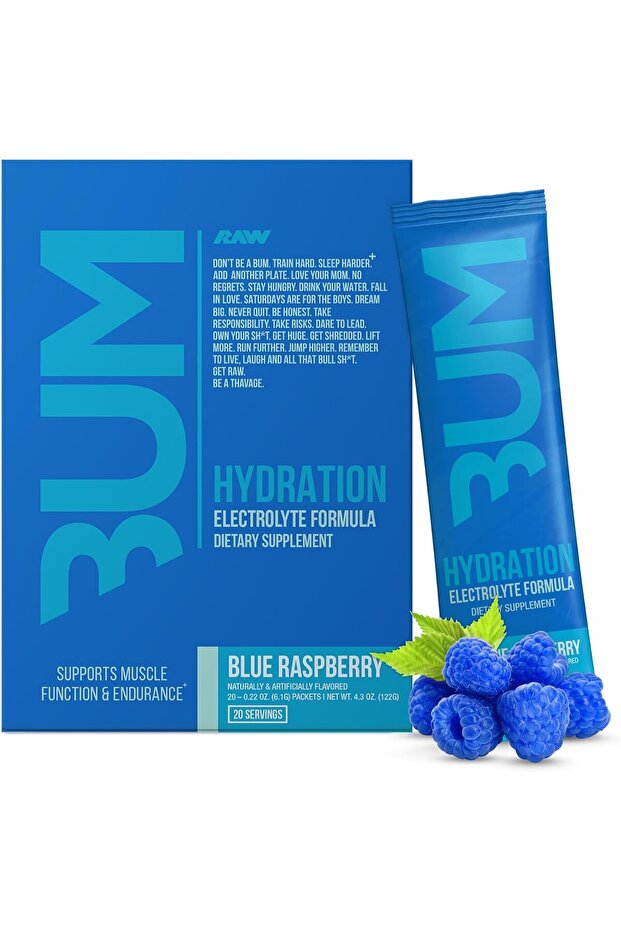 Electrolytes Powder Hydration Drink Mix Packets, BUM Hydrate (Blue Raspberry, 20 Servings)