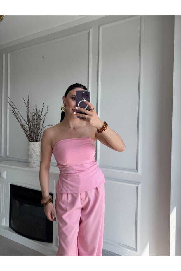 KADIN PEMBE STRAPLEZ BLUZ