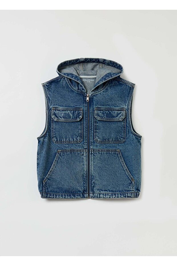 Full-Zip Denim Gilet With Hood