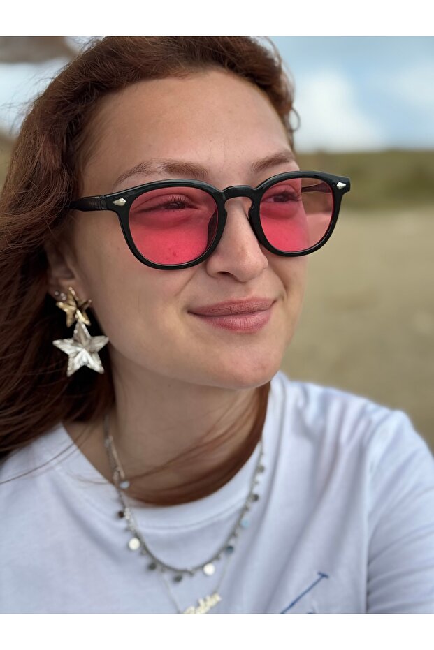 Brand Oval Unisex Sunglasses with Black Frame and Pink Clear Glass