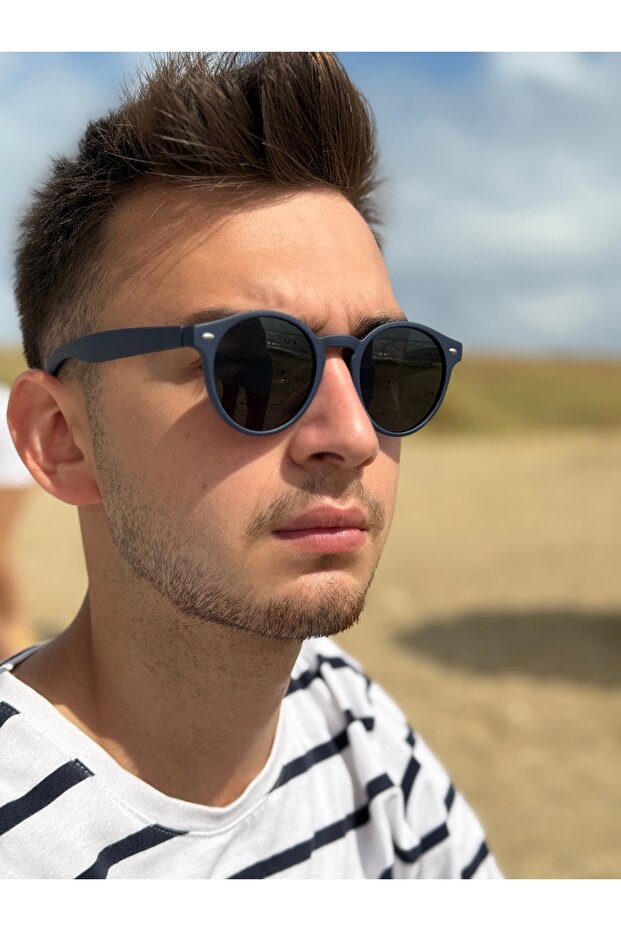 Brand Model Men's Sunglasses with Black Glass with Navy Blue Matte Round Frame