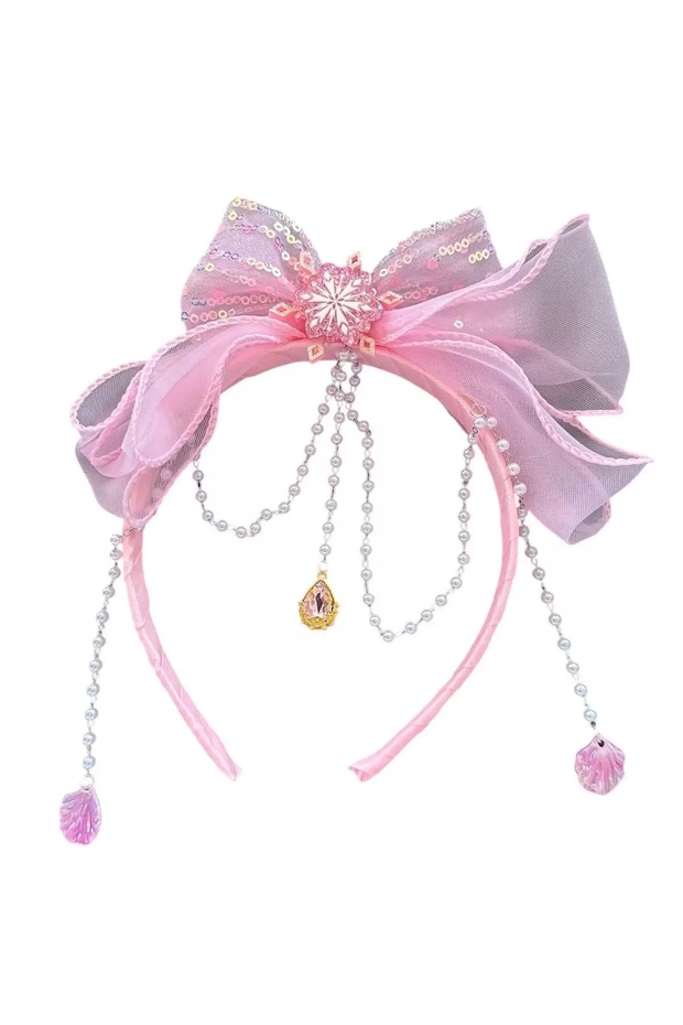Pink Color Ribbon Children's Crown with Pearls
