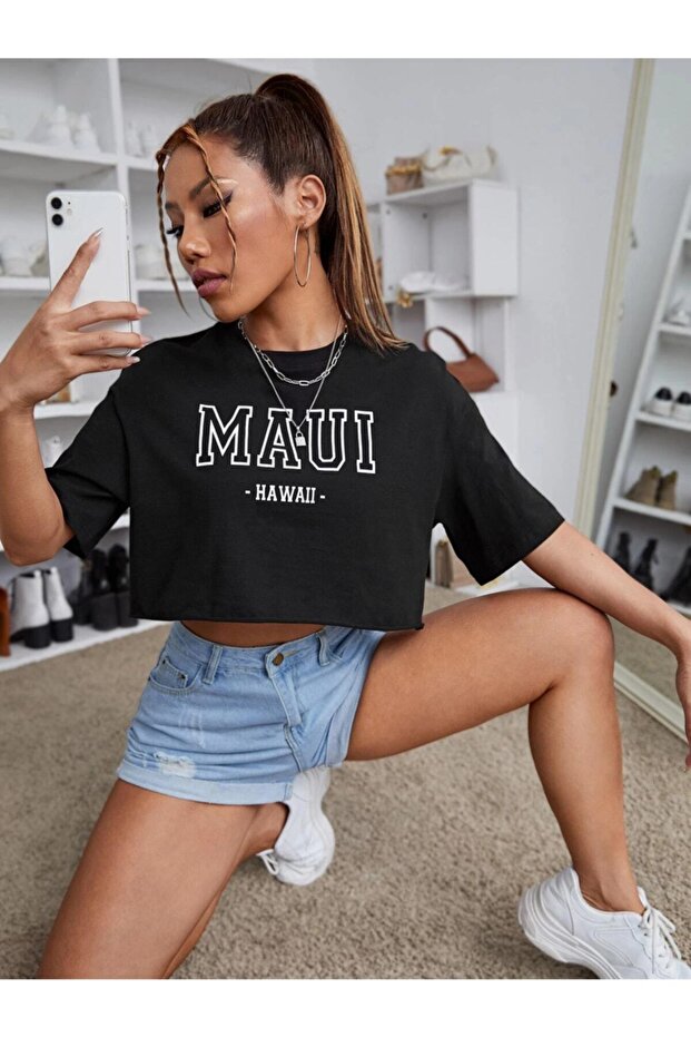 Black Maui Hawaii Printed Crop Oversize Combed Cotton T-Shirt T-Shirt