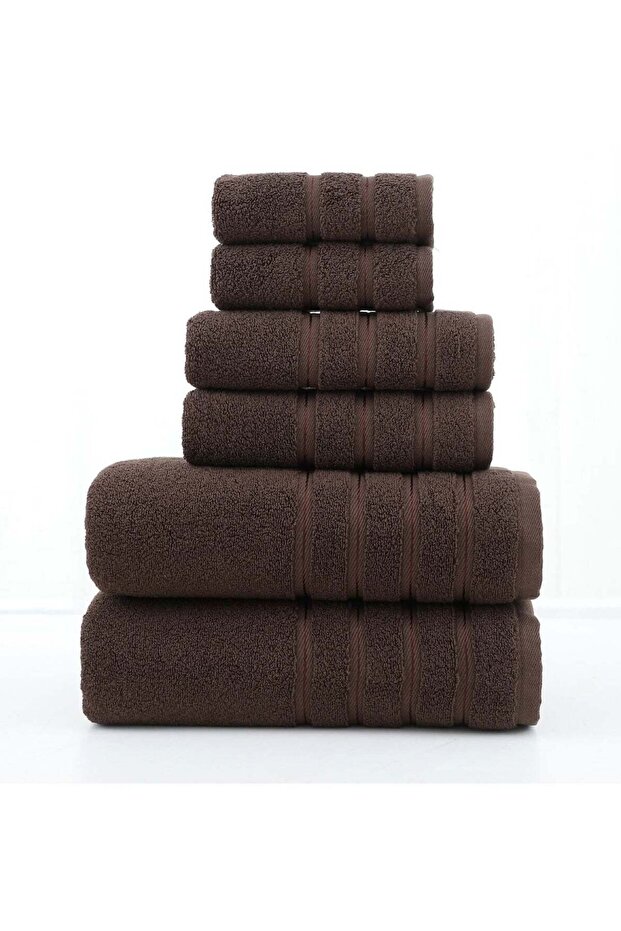 6-Piece Pure Cotton Bath Towel Set Brown