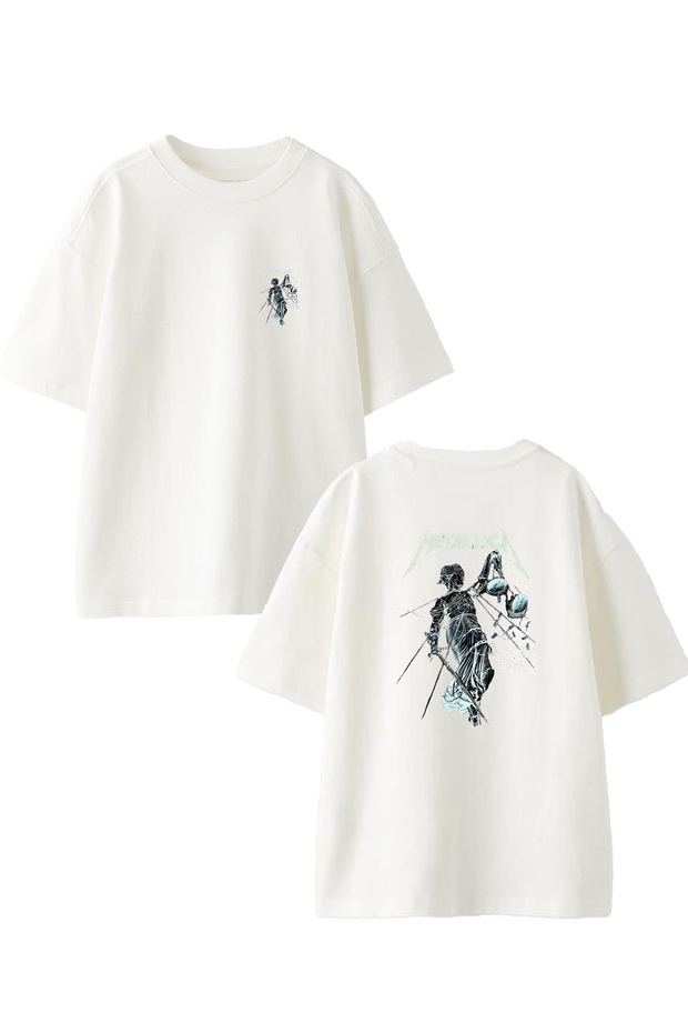 Unisex White Oversize Cotton Metalica Shadow Poster Front Back Printed Knitted T-Shirt