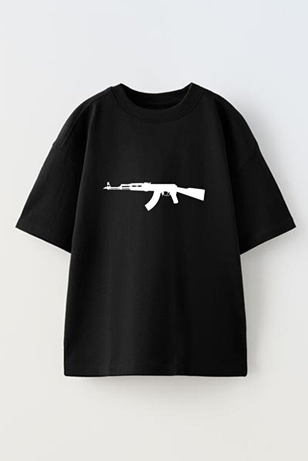 Unisex Black Oversize Cotton Ak47 Printed Knitted T-Shirt