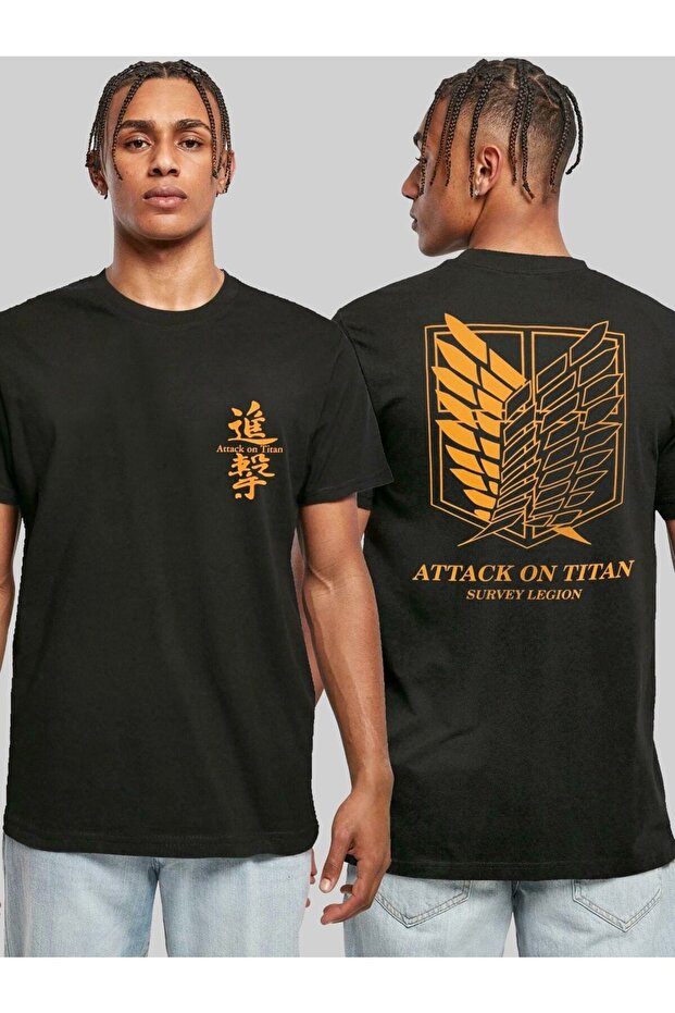 تي شيرت أسود مطبوع للجنسين من Attack On Titan Survey Legion من الأمام والخلف