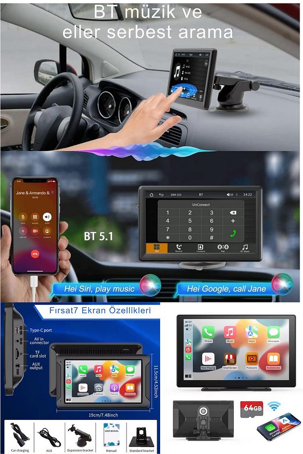 Tak Çalıştır Carplay Apple Android Auto Ekran Kablosuz 10.2İnç Araç Araba Ekran Navigasyon - 5