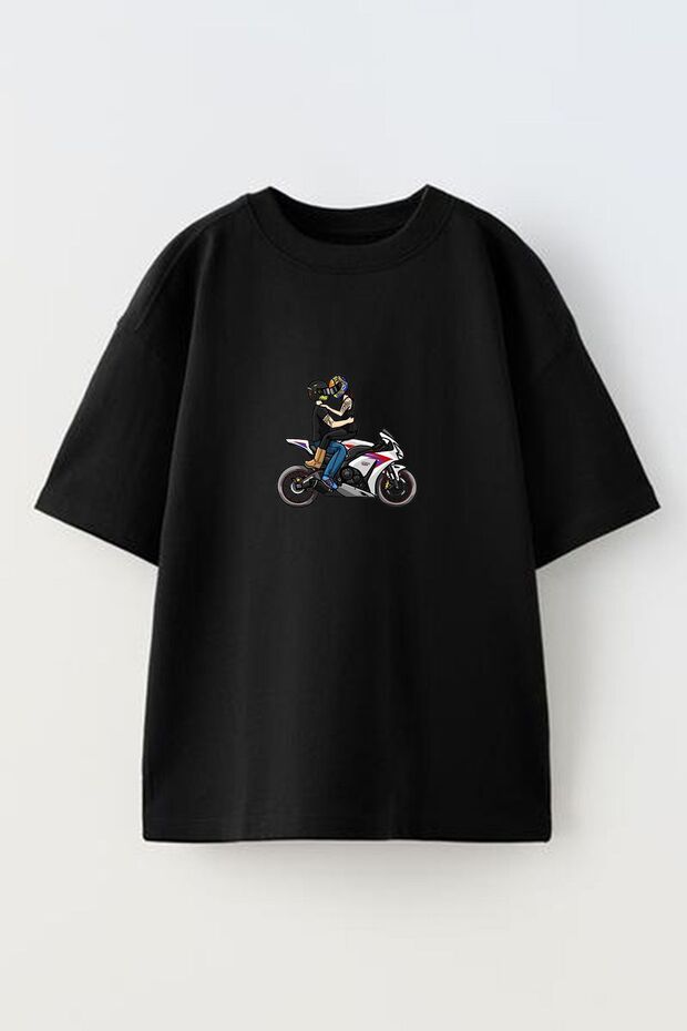 Unisex Black Oversize Cotton Biker Couple Hugging Printed Knitted T-Shirt