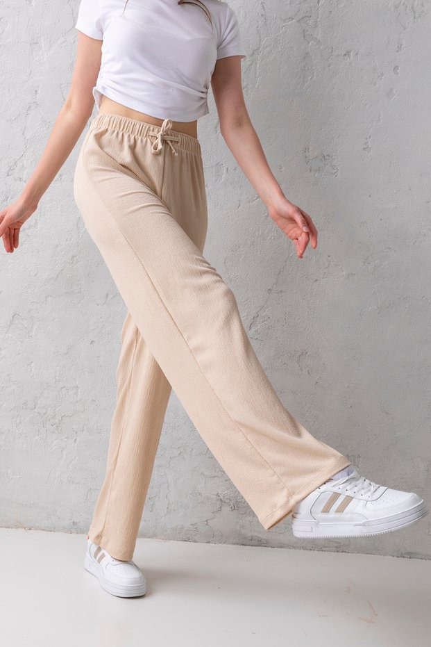 Women's Beige High Waist Elastic Waist Lace up Stretchy Wide Leg Palazzo Wrinkle Women's Trousers