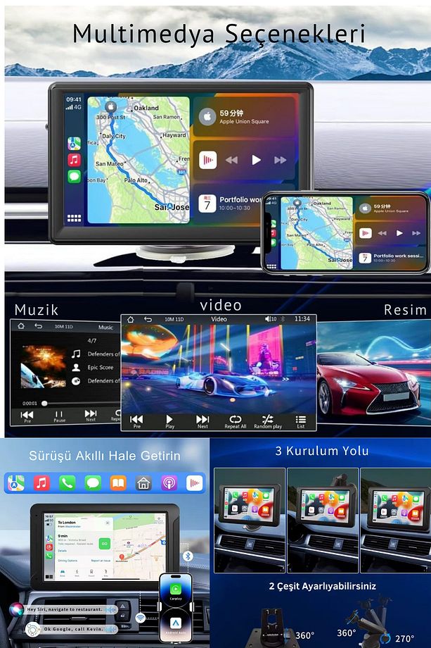 Tak Çalıştır Carplay Apple Android Auto Ekran Kablosuz 10.2İnç Araç Araba Ekran Navigasyon - 6