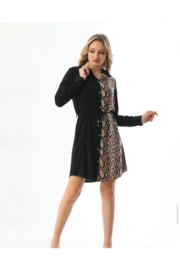 Black Viscose Tunic with Leopard Detail