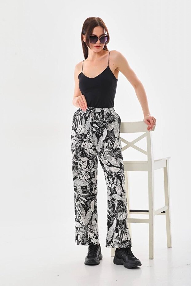 Woven Viscose Black Leaf Patterned Black and White Wide Leg Viscose Trousers