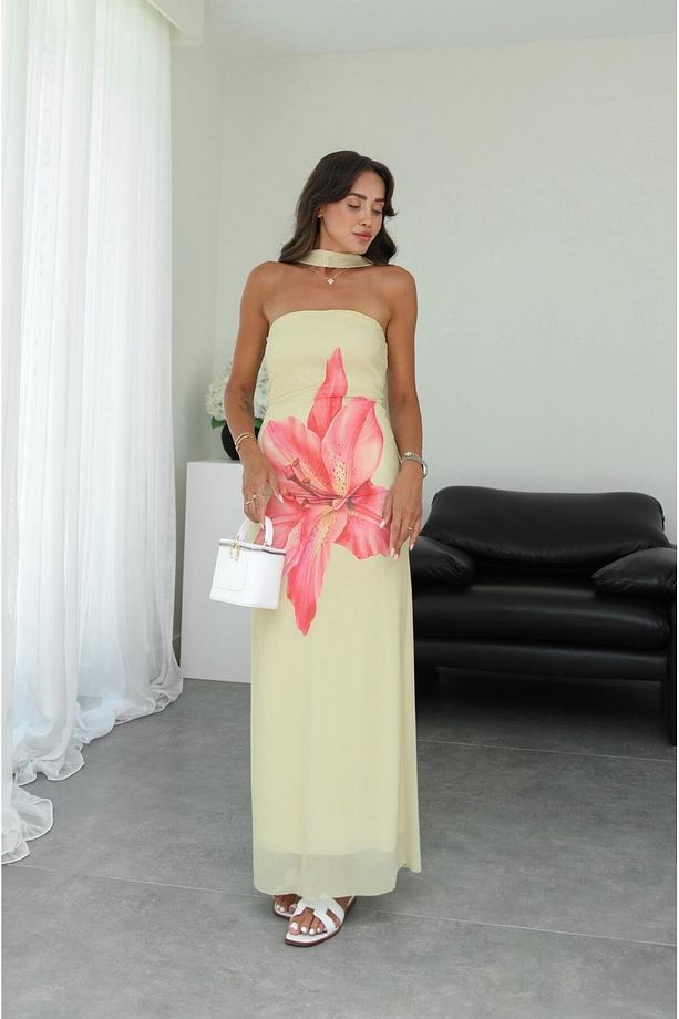 Açık Sarı Amaryllis Desenli Şallı Elbise - 3