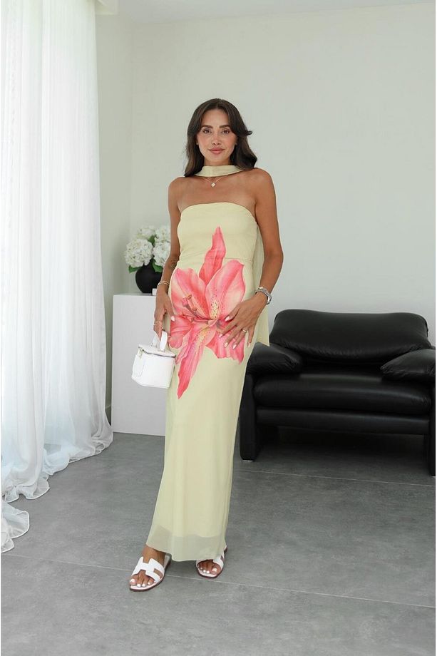 Açık Sarı Amaryllis Desenli Şallı Elbise - 1
