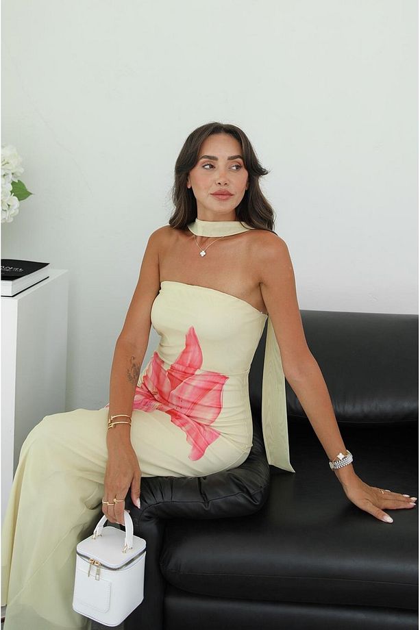 Açık Sarı Amaryllis Desenli Şallı Elbise - 4