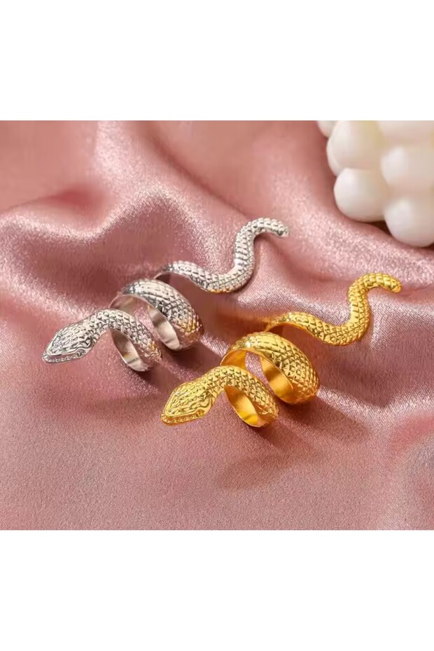 Spiral Gold Snake Ring, Adjustable Statement Model, 3D Texture - 3