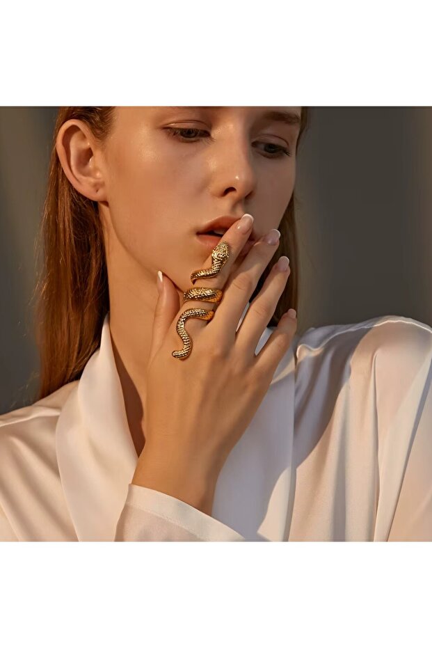 Spiral Gold Snake Ring, Adjustable Statement Model, 3D Texture - 4