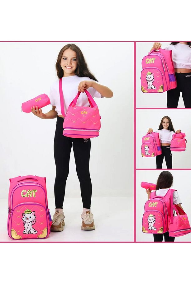 3 Lü Ortaokul Çanta Seti İlkokul Çantası Komple Astarlı Cat Pembe - 4