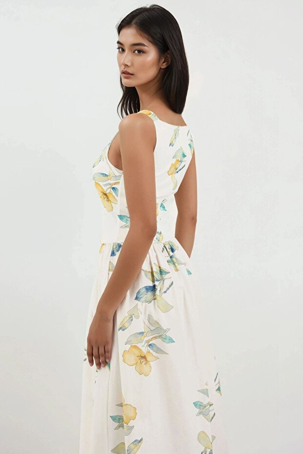 Kayık Yaka Baskılı Midi Elbise - 6