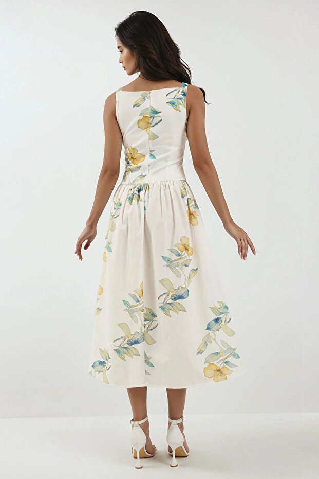 Kayık Yaka Baskılı Midi Elbise - 3