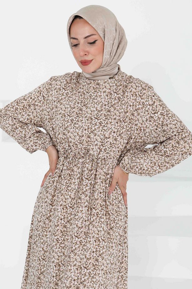 Tünel Kuşaklı Desenli Elbise Bej - 27423 - 4