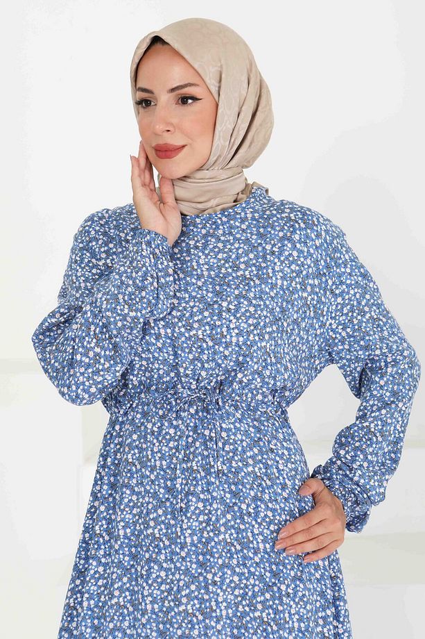 Tünel Kuşaklı Desenli Elbise Mavi - 27423 - 2