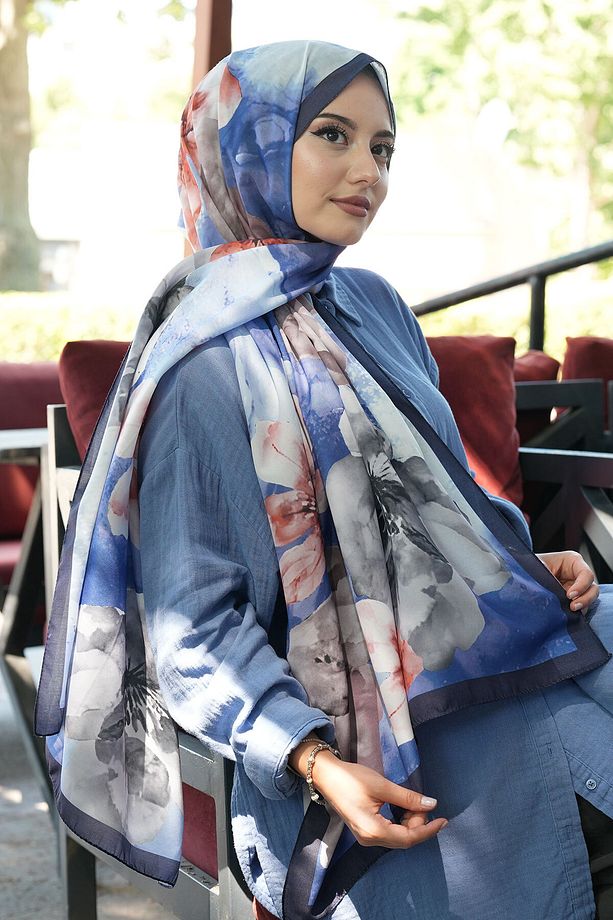 Manolya Çiçek Desen İndigo Soft Pamuk Şal - 3