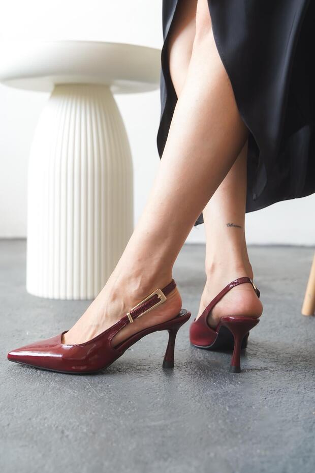 Women's Open Back Design Buckle Heeled Shoes Claria Claret Red