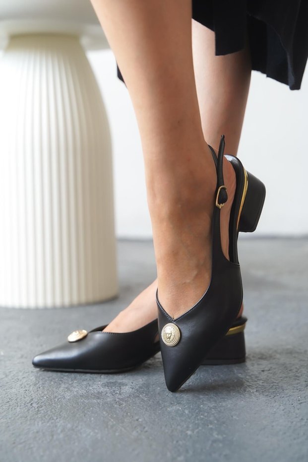 Women's Open Back Buckle Detailed Short Heeled Shoes Kabbi Black Skin