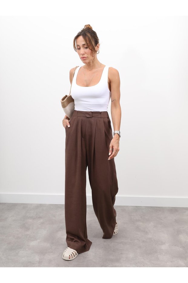 Women's Elastic Waist Pleated Detail Brown Linen Palazzo Trousers