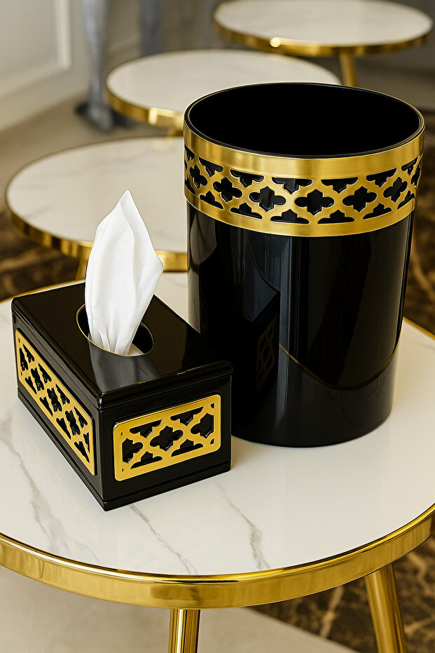 Round Acrylic Trash Bin & Rectangular Tissue Box – Black with Golden Design