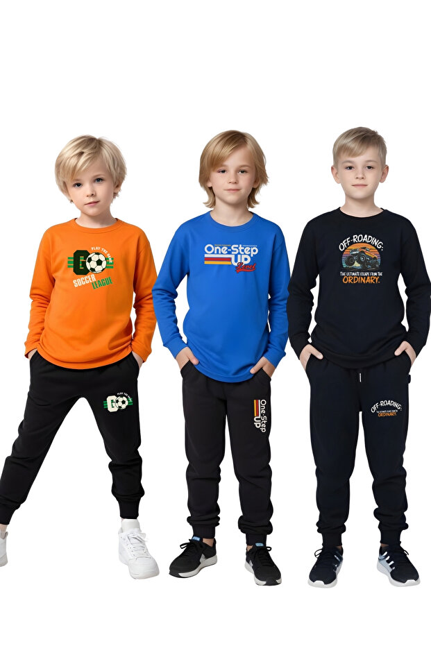 3-Piece Boy's Bottom-Up Set with Round Neck Print Details