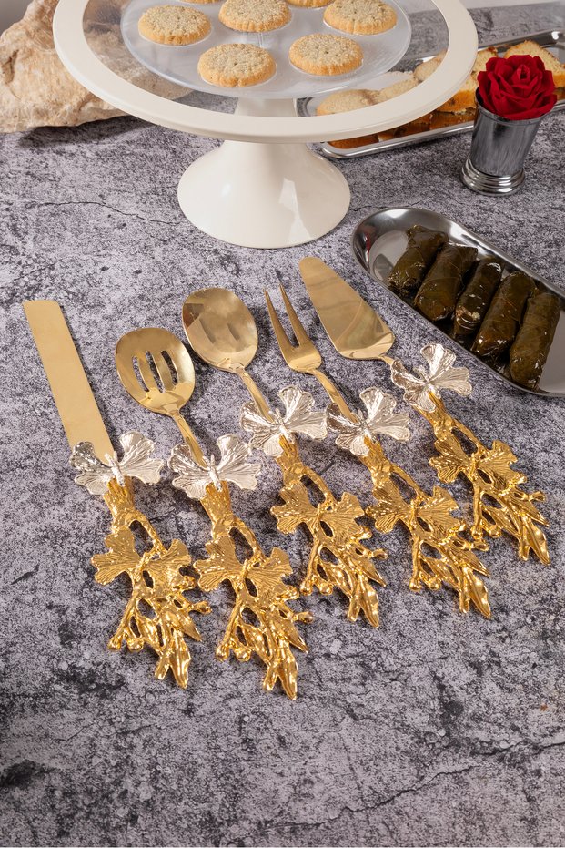 5-Piece Gold Butterfly Handle Serving Presentation, Salad, Pasta, Cake, Food Tongs 18/10 Stainless Steel