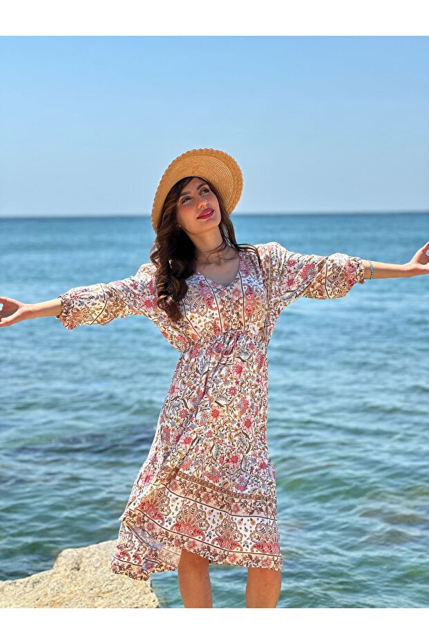 Ethnic Flower Patterned Casual Indonesian Collar Dress