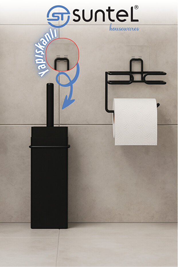 Toilet Paper Holder and Toilet Brush Set with Adhesive Refills – Practical Installation Without Drilling,