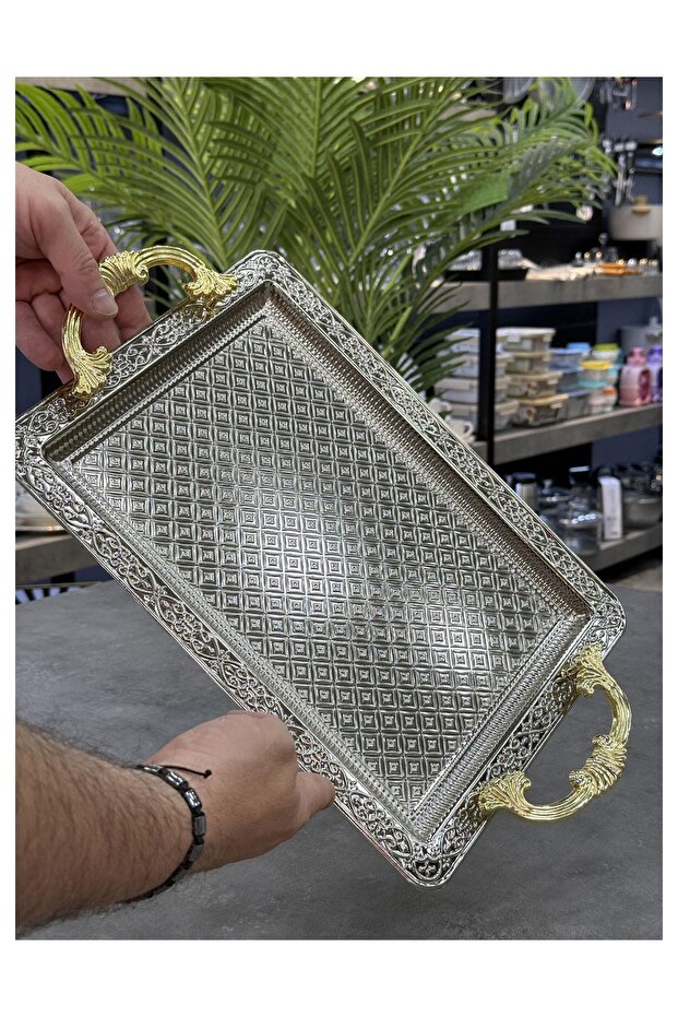 صينية معدنية مستطيلة فاخرة متوسطة الحجم - 1